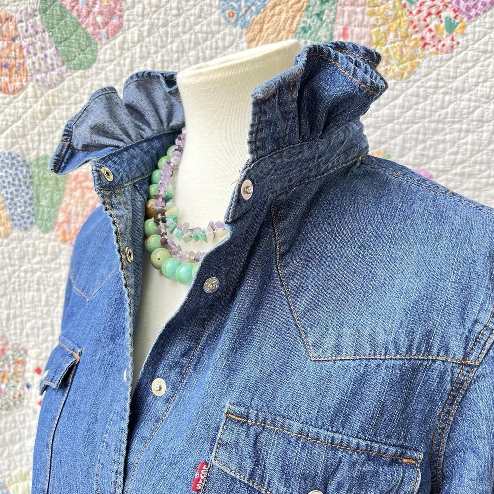 Upcycled Re-worked Levis Stretch Denim Snap Front Western Ruffle Collar Shirt M - Picture 2 of 10